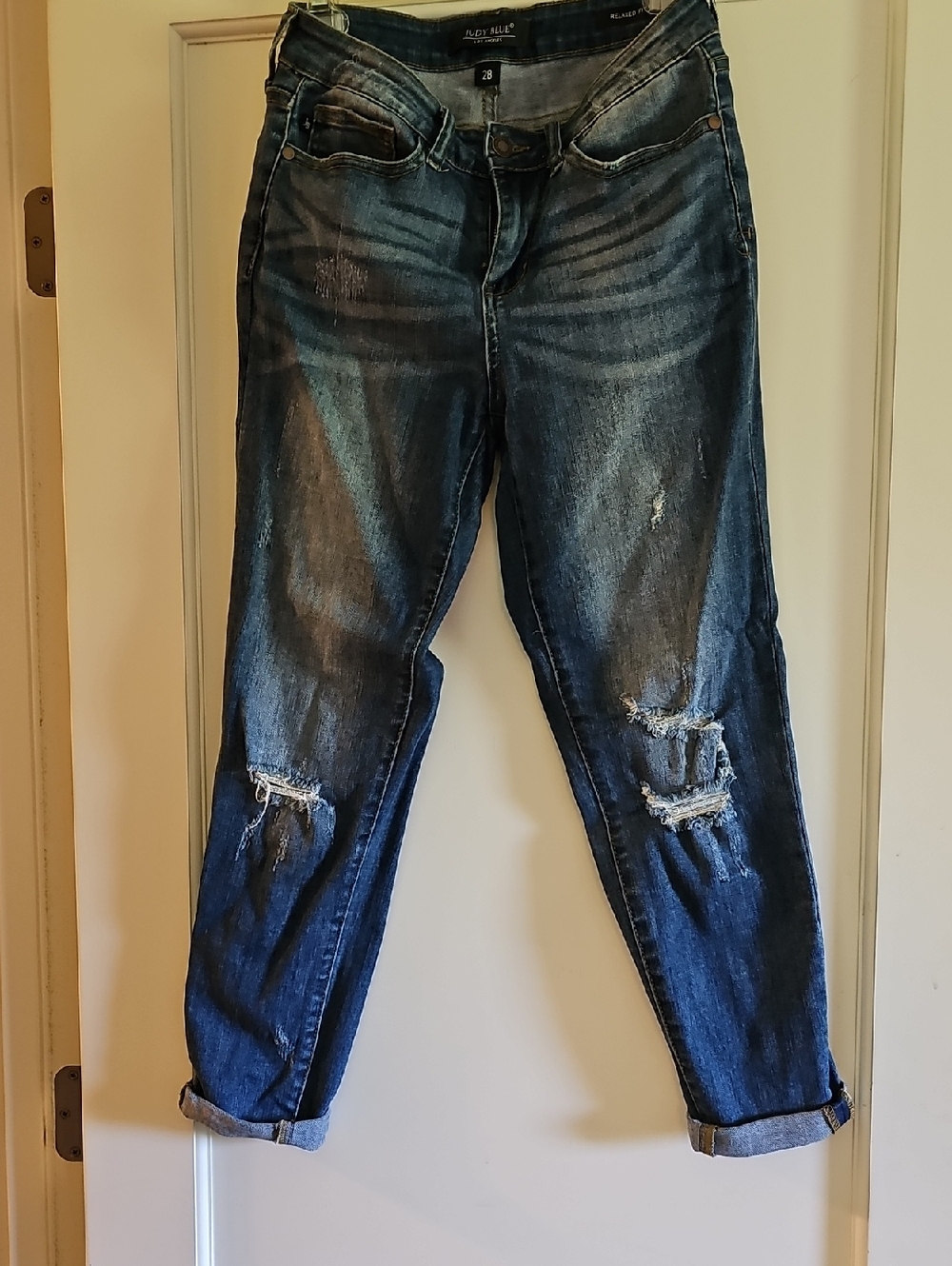 Judy Blue Distressed Mid/Dark Blue Boyfriend Jeans